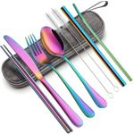 Defrko Rainbow Portable Utensils Set,Reusable Travel Silverware Dinnerware Cutlery Set with Case Stainless Steel Flatware Set for Camping 8pcs Including Dinner Knife Fork Spoon Chopsticks Boba Straw