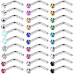 FUYOAL 30 Pieces Stainless Steel Nose Studs,20 Gauge L Shaped Nose Ring Labret Tragus Earring Piercing Bars Set Unisex Gift for Women Men,15 Colors