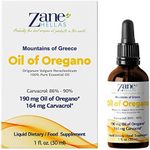 Zane Hellas 100% Undiluted Oregano Oil. Pure Greek Essential Oil of Oregano .86% Min Carvacrol. 164 mg Carvacrol Per Serving. Probably the Best Oregano Oil in The World. 1 fl. oz.- 30ml.