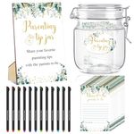 Suzile 76 Pcs Baby Shower Game Prize Advice Baby Shower to Baby Including 1 Parenting Tip Jar Sign with Holder 60 Card 12 Pen 2 Cute Sticker 1 Pet Bottle for New Parents Guest Party(Greenery Theme)