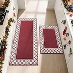 COSY HOMEER 2 Pieces Absorbent Kitchen Runner Rug Mats, 60x89cm+60x152cm, Extra Nonslip TPR Backed Carpet Rugs for Kitchen, Soft Standing & Machine Washable, Vacuum Cleaner Available No Curling, Red