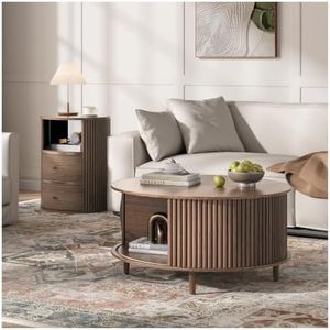 JOINICE Round Coffee Table and End Table Set,31.5" Mid Century Modern Living Room Furniture, Walnut Fluted Center Table with Storage & Matching Side Table for Small Space