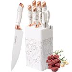 lapelux Kitchen Knife Set - 6 Piece Knife Set with Block .Stainless Steel Knivese with Chef, Bread Knife, Kitchen Scissors for Cutting Meat/Vegetables/Fruit.（White）