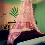 Eimilaly Lace Bed Canopy Mosquito Netting with Warm Lights, Princess Bed Canopy for Girls Room Decor, Pink/Single Door