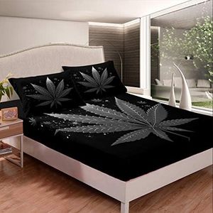 Feelyou Marijuana Weed Leaf Bedding Set Botanical Leaf Bed Sheet Set for Boys Girls Children Leaf Branches Fitted Sheet Nature Themed Black Room Decor Twin Size 2Pcs