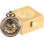 ManChDa Mechanical Pocket Watch, for Men Women Special Magnifier Half Hunter Open Engraved Case Luxury with Golden Wooden Pocket Watch Box Dragon Phoenix and Chains for Men Women