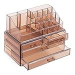 Navaris Makeup Organiser - Cosmetics Storage Make Up Holder with Drawers for Dresser Counter Desk Table-Top in Bathroom or Bedroom - Transparent Amber