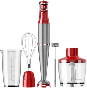 Immersion Blender Handheld Corded Hand Blenders Set 1100W, Trigger Variable Speed 5 in 1 Stick Emulsifier with Chopper, Whisk and Frother for Soup, Baby Food and Smoothies, Red