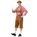 maxToonrain Oktoberfest Outfit Mens with Bavarian Shirt and Men's Lederhosen Costume for German Beer Festival Halloween Christmas World Book Week (Red Grid and Brown Trousers, XX-Large)