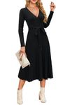 Newshows Women's 2024 Black Sweater Dress Fall Winter Fashion Outfits Long Sleeve Wrap V Neck Casual Ribbed Knit Midi Dress(Black, L)