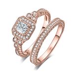 JewelryPalace Princess Cut 2ct Halo Cubic Zirconia Engagement Rings for Women, 14k Rose Gold Plated 925 Sterling Silver Promise CZ Rings, Vintage Thick Anniversary Wedding Bands Ring Set 11