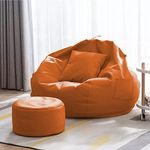 Kitepro 4XL Bean Bag with Footstool & Cushion Ready to Use Filled with Beans | Faux Leather Bean Bag Chair for Home (Orange, XXXL)