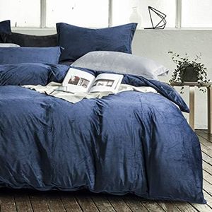 NTBAY Velvet Flannel King Duvet Cover Set, 3 Pieces Zippered Comforter Cover Set, Navy Blue