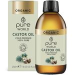 Pure World Natural Organic Castor Oil 250ml Premium Quality Cold & Fresh Press Glass Bottle Hexane Free for Hair, Skin - Ideal for Moisturizing, Conditioning, and Eyelashes & Eyebrows- Food Grade