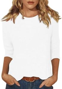 Generic 3/4 Sleeve Workout Tops for Women Crewneck Plus Size Loose Fit Tops Solid Color Casual 3/4 Length Sleeves Blouse Summer Comfy Shirts, XX-Large, 04-white