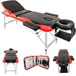 BTM Massage Table Couch Bed Professional Tattoo SPA Reiki Portable Folded 3 Section with Premium PU Leather and 5 cm High Density Multi-Layer Foam Headrest Arm support and Carrying Bag Black (Red)