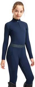 FitsT4 Sports Girls Equestrian Outfits, 2 Piece Kids Horse Riding Set, Girls Equestrian Shirt & Knee-Patch Silicone Breeches with Pockets Navy XL