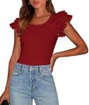 PRETTYGARDEN Women's Ruffle Short Sleeve Shirts 2025 Summer Casual Basic Tee Cute Fitted Crew Neck Fashion Tops Clothes (Rust Red,XX-Large)