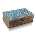 The Great Indian Bazaar Decorative Wooden Jewelry Box With Tree Of Life Carving Jewelry Organizer Keepsake Box Treasure Chest Trinket Holder Storage Box Gifts 8 X 5 Inches Medium Blue Wash Finish