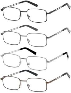 Metal Reading Glasses Men Women Blue Light Blocking Eyeglasses Comfort Spring Hinge Readers Stainless Frame Copper Temple, 4 Pairs: Black Gunmetal Brown and Silver, standard