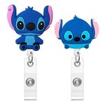 ZOSTLAND 2 Pack Kawaii Blue ET Monster Baby Cartoon Retractable Badge Reel, Holder for Office Work Nurses ID and Name Tag with Metal Back Clip, 28 inch Cord Extension (2pcs Blue Alien)