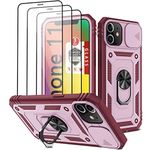 Case for iPhone 11, iPhone 11 Case with 3 Pcs Tempered Glass Screen Protector Built in Ring Stand Kickstand + Camera Cover, Hard PC Soft TPU Defender Full Body Protective Armor Case Cover - Wine