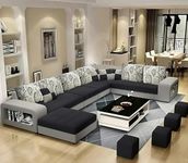 Torque - Allister U Shape 12 Seater Sofa Set for Living Room (Left Side, Light Grey & Black) | U Shaped Sofa Couch with 4 Puffy for Hall Guest Room | 3 Years Warranty