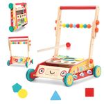 Wooden Baby Walker Multi-Function Sit-to-Stand Learning Walker with Shape Sorter Xylophone Gear Height Adjustable Handle Push Along Toy for Toddlers Boys and Girls