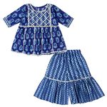 superminis Girls Sanganeri Prints Frock Style Cotton Kurti With Full Length Sharara Set (6-12 Months, Blue)