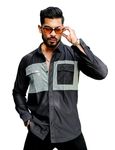 IndoPrimo Men's Casual Double Pocket Stylish Shirt Full Sleeve (in, Alpha, M, Black Grey)