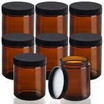 Belle Vous 8 Pack Round Amber Glass Jars - 240ml / 8 oz - Empty Refillable Containers with Black Screw-On Lids - Pot for Cosmetic Storage, Lotion, Face Cream, Essential Oils, Ointment, and Makeup