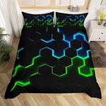 Honeycomb Bedding Duvet Cover Full Size,Geometry Hexagon Theme with Green Blue Neon Lights Comforter Cover,Boys Teen Man Chic Creative Home Bedding Set 3pcs Quilt Cover with 2 Pillowcases,Black