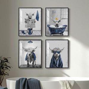 Framed Funny Highland Cow Wall Art for Bathroom Decor, Navy Blue and Gray Dark Abstract Painting Farm Fun Animal Wall Decor | Cute Highland Cow Sitting on Toilet in Bathtub Picture Set of 4 Bathroom Wall Art