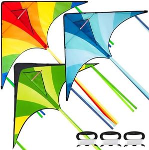 JOYIN 3 Packs Large Delta Kite Green, Blue and Rainbow, Easy to Fly Huge Kites for Kids with 262.5 ft Kite String, Large Delta Beach Kite for Outdoor Games and Activities