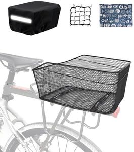 MATTISAM Bike Basket Rear, [Tool-Free Install], Bike Rack Basket for Dog Pet, Metal Wire Bike Cargo Basket, Bicycle Basket for Back of Bike, with Waterproof Cover, Cargo Net, Fits Most Rear Racks