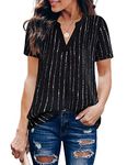 Timeson Women's V Neck Short Sleeve Curved Hem Sheer Chiffon Blouse Shirts Tops, Black Stripe, X-Large