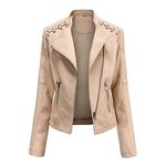 YYNUDA Women's Stylish Faux Leather Jacket Zip Up Moto Biker Classic Short Jacket Coat Beige M