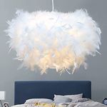 GUANSHAN 50cm/19.8" Hemisphere White Feather Pendent Light Feather Lampshade Ceiling Light Fixture Feather Chandelier for Living Room, Bedroom, Dining Room