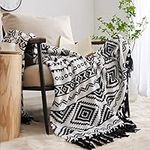 CASAAGUSTO Boho Throw Blanket - Black and White Decorative Blankets with Tassel, Printed Flannel Bohemian Throw Blanket for Chair, Bed, Sofa, Couch(50 * 60, Black and White)