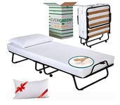 EVERGREENWEB - Single Folding Bed with Memory Foam Mattress 90x200 10 cm High + Free Pillow, Removable Cover, Single Bed base with Orthopedic Wood Slats, with wheels, Space Saving Bed for guests