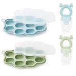 ninecessary Baby Food Freezer Tray & Baby Fruit Feeder Combo (2 Pack), Breastmilk Popsicle Molds for Baby Cooling Relief, BPA Free Silicone Fruit Feeder and Teether for Babies 4 Month+ - Blue/Green