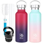 BOGI Stainless Steel Water Bottle 25 oz, 2 Pack Insulated Water Bottles with Straw Lid, BPA Free Leakproof Wide Mouth Steel Water Bottle-Keep Hot or Cold for Outdoor Sports Camping (DRed&SPink2)