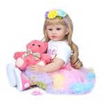 ROSHUAN Lifelike Toddler Reborn Doll Silicone 24 Inch Realistic Reborn Baby Doll Girl Blonde Curly Hair Blue Eyes Soft Cloth Body for Girls Birthday Gift (Pink)