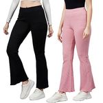 BLINKIN Ribbed Stretchable Flared Pants for Women|Boot Cut Bell Bottom Pants for Women -Ideal for Yoga,Gym Wear, Casual Wear & Office Wear Trousers for Women (Color_Black-Pink,Size_5XL)