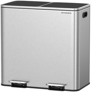 SONGMICS Dual Rubbish Bin, Metal Recycling Bin with 15 Rubbish Bags, 2-Compartment, with Lids, Pedals, Plastic Inner Buckets, Soft Closure, 2 x 10.6 Gallons (2 x 40 L), Silver and Black LTB730E80