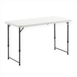 Living and More 4 Foot Height Adjustable Fold-in-Half Table with Carrying Handle, Easy Folding and Storage, Indoor Outdoor Use, White, 4ft_Straight Legs