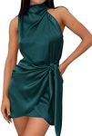 ZESICA Women's Fashion Satin Sleeveless Halter Neck Tie Waist Wrap Bodycon Cocktail Party Mini Dress,EmeraldGreen,Large