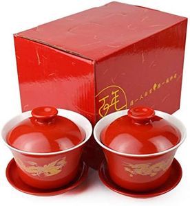 Gaiwan 2 Suits Porcelain Teacups 8oz Cups Chinese Dragon and Phoenix Cover Bowl Saucer Red tureen for Wedding Party (Dragon phoenix)