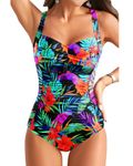 Yonique Women One Piece Swimsuit Tummy Control Vintage Bathing Suit Ruched Swimwear, Floral, Medium