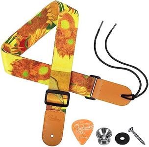 Ukulele Strap - BestSounds Uke Shoulder Straps with Leather Ends for Soprano Concert Tenor and Baritone Ukuleles (Van Gogh Sunflower)